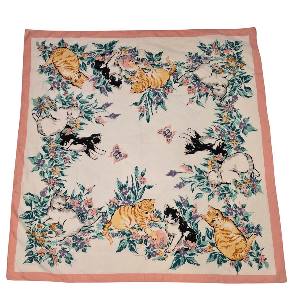Vintage Avon Scarf Made in Italy Pink Kitten Cat Floral Butterfly Square Scarf